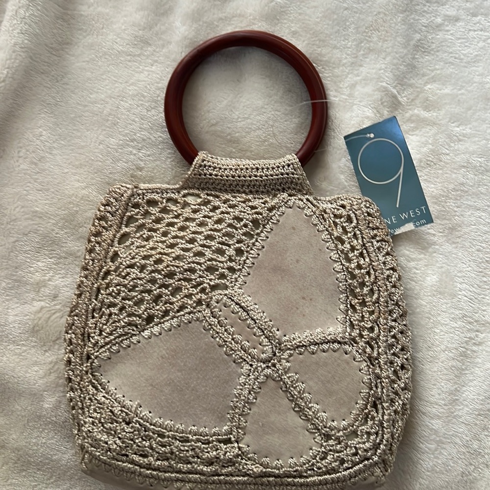 NWT Beautiful 9 West Suede Crocheted knit w/wooden handle purse. Summery Cute!